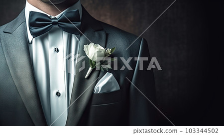 Elegance Unveiled Groom in Tuxedo and Bow Tie, Captivating the Essence of Style. created with Generative AI 103344502