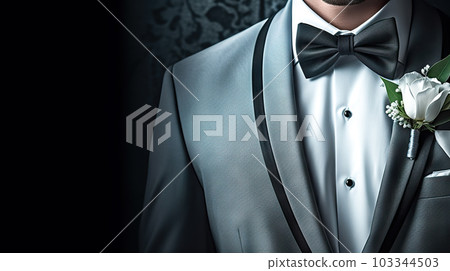 Elegance Unveiled Groom in Tuxedo and Bow Tie, Captivating the Essence of Style. created with Generative AI 103344503