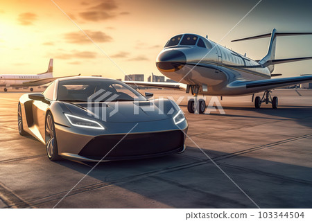 Ultimate Luxury: Super Car and Private Jet on the Landing Strip, Exuding Business Class Service at the Airport. created with Generative AI 103344504