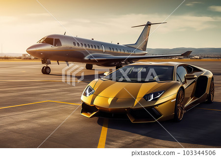 Ultimate Luxury: Super Car and Private Jet on the Landing Strip, Exuding Business Class Service at the Airport. created with Generative AI 103344506