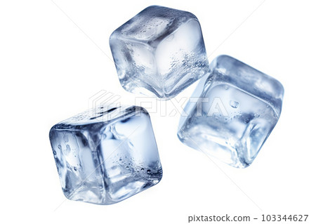 Four Flying Ice Cubes Cut Out, Creating a Mesmerizing Focus on a Solid White Background. created with Generative AI 103344627