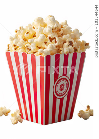 Craving Indulgence Popcorn Bucket Filled with Freshly Popped Popcorn on White Background. created with Generative AI 103344644