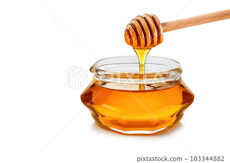 Golden Sweetness Honey Jar, Dipper, and Drop of Honey on White Background. created with Generative AI 103344882