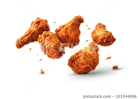 Irresistible Delights Floating Fried Chicken on White Background. created with Generative AI 103344896