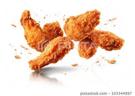 Irresistible Delights Floating Fried Chicken on White Background. created with Generative AI 103344897