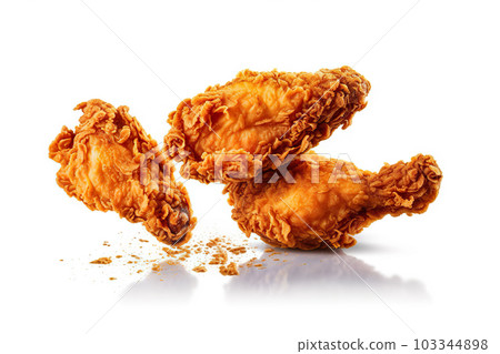 Irresistible Delights Floating Fried Chicken on White Background. created with Generative AI Irresistible Delights Floating Fried Chicken on White Background. created with Generative AI 103344898