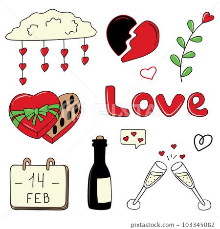 A set of elements - champagne, champagne glasses, a broken heart, a box of sweets, a calendar with the date February 14. A set of elements for the holiday of all lovers, Valentine's Day, birthday. A set of elements - champagne, champagne glasses, a broken heart, a box of sweets, a calendar with the date February 14. A set of elements for the holiday of all lovers, Valentine's Day, birthday. 103345082
