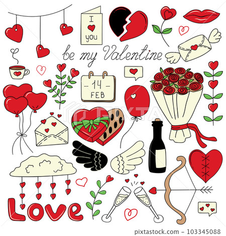 Outline doodle love theme set, romance, February 14, Valentine's Day. Design elements, white background. Inscription. Cute cartoon style. Outline doodle love theme set, romance, February 14, Valentine's Day. Design elements, white background. Inscription. Cute cartoon style. 103345088