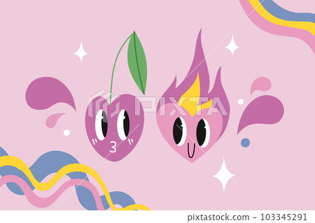 Cute burning heart and and sweet cherry in love, cartoon style 103345291