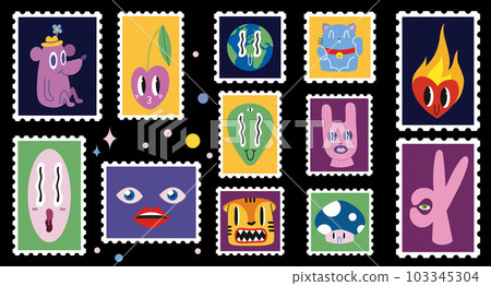 Set of cute hand-drawn post stamps, funny comic characters. Set of cute hand-drawn post stamps, funny comic characters. 103345304