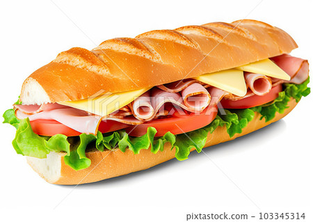 Delectable Ham and Cheese Salad Submarine Sandwich on Freshly Cut Baguette: A Tasty Delight. created with Generative AI Delectable Ham and Cheese Salad Submarine Sandwich on Freshly Cut Baguette: A Tasty Delight. created with Generative AI 103345314