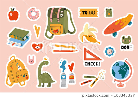 Set of stickers for planner and diaries, vector flat illustration. Cute sticker pack with school stationery and art supplies, cartoon image and trendy lettering. Decorations for notebook, flat Set of stickers for planner and diaries, vector flat illustration. Cute sticker pack with school stationery and art supplies, cartoon image and trendy lettering. Decorations for notebook, flat 103345357