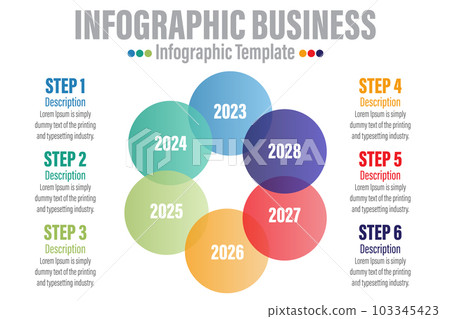 Business infographic design template with six 6 steps, six 6 options, steps or processes. Can be used for workflow layout, diagram, annual report, web design Business infographic design template with six 6 steps, six 6 options, steps or processes. Can be used for workflow layout, diagram, annual report, web design 103345423