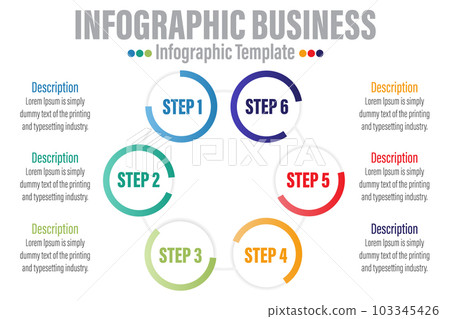 Business infographic design template with six 6 steps, six 6 options, steps or processes. Can be used for workflow layout, diagram, annual report, web design Business infographic design template with six 6 steps, six 6 options, steps or processes. Can be used for workflow layout, diagram, annual report, web design 103345426