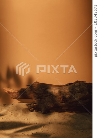 Wood sand nature arrangement. Product showcase. Brown dry tree log bark foliage sunlight shade on orange abstract background with empty space. Wood sand nature arrangement. Product showcase. Brown dry tree log bark foliage sunlight shade on orange abstract background with empty space. 103345573