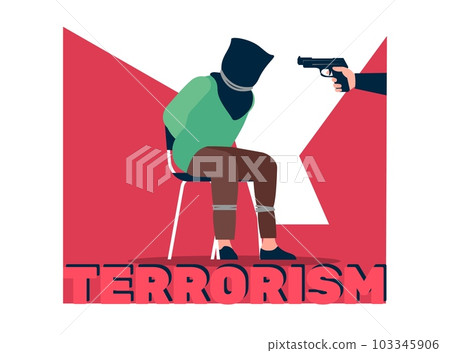 Terrorist points gun at kidnapped hostage with bag over his head. Terrorism poster. Criminal violence. Victim of bandits. Ransom demand. Weapon in hand. Threat of kill. Vector concept Terrorist points gun at kidnapped hostage with bag over his head. Terrorism poster. Criminal violence. Victim of bandits. Ransom demand. Weapon in hand. Threat of kill. Vector concept 103345906