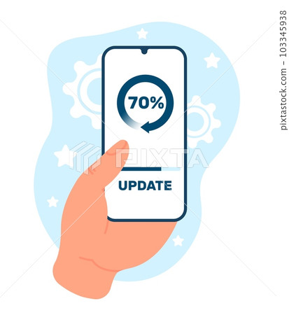 Smartphone updating system. Installing software. Application upgrade process. Device in hand. Update online service. Mobile technology. Download app. Digital progress bar. Vector concept 103345938