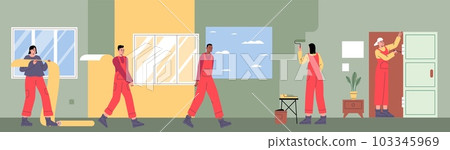 Professionals doing repairs. Home renovation. People in workwear uniform glue wallpaper and paint walls. Builders brigade occupation. Workers mount windows or doors. Vector concept Professionals doing repairs. Home renovation. People in workwear uniform glue wallpaper and paint walls. Builders brigade occupation. Workers mount windows or doors. Vector concept 103345969