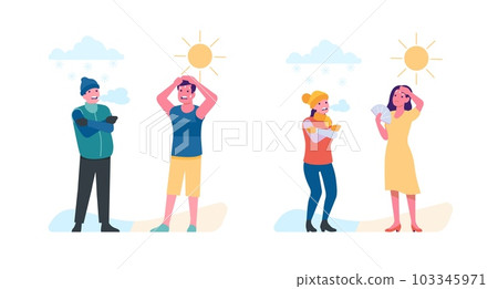 People on cold and heat. Frosty or warm. Hot days. Man in beach clothes. Sweat from heatstroke. Woman in jacket and hat. Shivering from freeze. Summer and winter weather. Vector concept 103345971