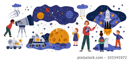 People in planetarium. Visitors to astronomy museum. Guide with children. Kids looks through telescope. Planets or stars constellations. Exhibition in observatory. Garish vector set People in planetarium. Visitors to astronomy museum. Guide with children. Kids looks through telescope. Planets or stars constellations. Exhibition in observatory. Garish vector set 103345972