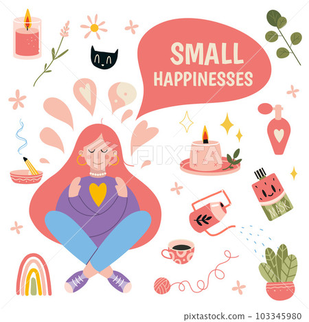 Small hapinesses, concept of comfort and coziness. Girl with household items, scandinavian hygge cartoon style. Vector trendy illustrations isolated on white 103345980