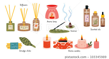 Different types of home fragrances. Aromatherapy set, cartoon style. Candles, Essential oil, aroma diffuser, candles, incense sticks, palo santo, sage. Trendy vector 103345989