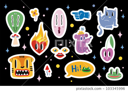 Stickerpack with various funny comic cute characters and doodles such as tiger, cherry, alien, burning heart. Vector illustration in Cartoon Flat design. Trendy modern design. Sticker style 103345996