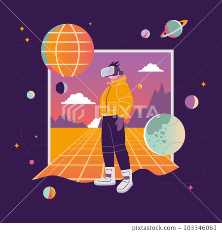 Concept of virtual reality tech, metaverse, cartoon style. Boy in VR glasses on Background with space, planets and stars, retro futurism. Trendy modern vector illustration, hand drawn, flat Concept of virtual reality tech, metaverse, cartoon style. Boy in VR glasses on Background with space, planets and stars, retro futurism. Trendy modern vector illustration, hand drawn, flat 103346061