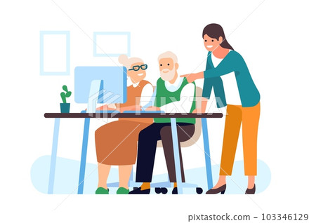 Granddaughter helps elderly parents figure out computer. Daughter teaching senior people. Family generations. Grandparents sitting at PC screen. Online communication. Vector concept Granddaughter helps elderly parents figure out computer. Daughter teaching senior people. Family generations. Grandparents sitting at PC screen. Online communication. Vector concept 103346129