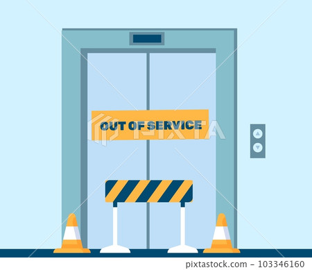 Elevator does not work. Out of service. Lift repair in hall. Closed failure metal sliding doors. Stop barrier. Lobby interior. Fixing maintenance. Blocked broken doorway. Vector concept Elevator does not work. Out of service. Lift repair in hall. Closed failure metal sliding doors. Stop barrier. Lobby interior. Fixing maintenance. Blocked broken doorway. Vector concept 103346160