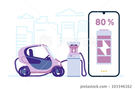 Electric vehicle charging. Automobile accumulator recharge. Electrical transport. Smartphone screen. Charge station. Mobile management application technology. Battery energy. Vector concept 103346162