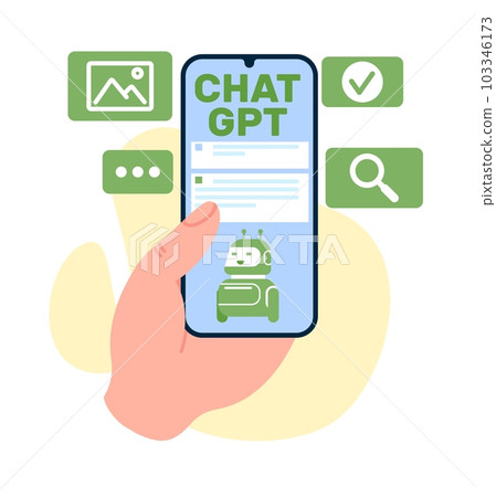 Corresponding with AI chatbots such as Chat GPT using artificial intelligence. Hand hold smartphone with application display, icons on screen. Cartoon flat style isolated vector concept Corresponding with AI chatbots such as Chat GPT using artificial intelligence. Hand hold smartphone with application display, icons on screen. Cartoon flat style isolated vector concept 103346173