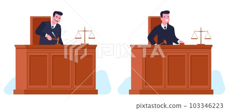 Angry judge taps gavel and joyful cheerful servant of law. Courtroom trial or tribunal. Male character make verdict in court. Cartoon flat style illustration. Vector law and justice concept Angry judge taps gavel and joyful cheerful servant of law. Courtroom trial or tribunal. Male character make verdict in court. Cartoon flat style illustration. Vector law and justice concept 103346223