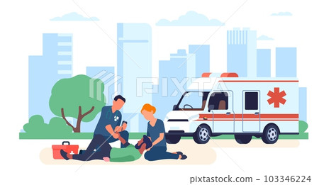 Ambulance doctors perform resuscitation on person lying there. Paramedic work. Hospital automobile on city landscape. Health care and medicine. Cartoon flat style isolated vector concept 103346224