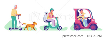 Active people walk their dog and ride scooter and electric car with their pets. Happy owner with pets on electric transport, walking in park, cartoon flat style isolated vector concept Active people walk their dog and ride scooter and electric car with their pets. Happy owner with pets on electric transport, walking in park, cartoon flat style isolated vector concept 103346261