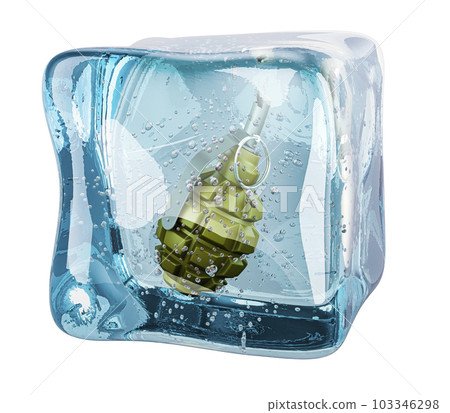 Hand grenade frozen in ice cube, 3D rendering Hand grenade frozen in ice cube, 3D rendering 103346298