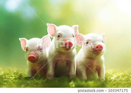Three piglets standing on the grass, generative ai 103347175