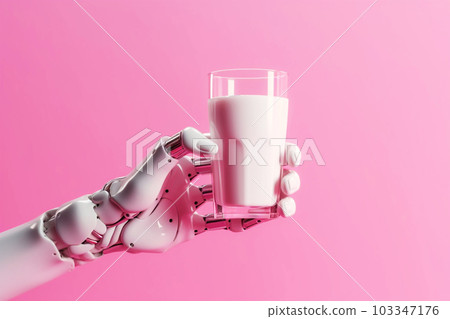 Robot hand holding a glass with milk, generative ai 103347176
