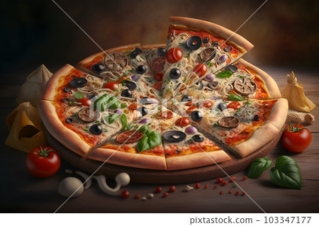 Baked pizza with salami, prosciutto red sauce, cheese. Generative AI 103347177