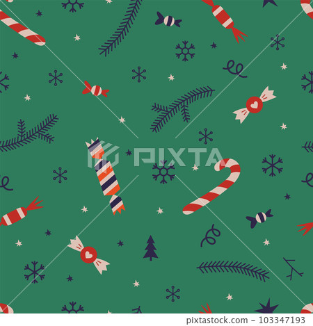 Christmas seamless pattern with candy cane, sweets and snowflakes on a green background, cartoon style. Trendy modern vector illustration, hand drawn, flat 103347193