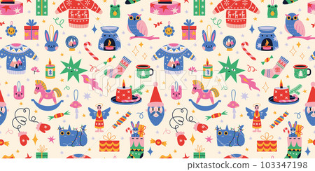Christmas seamless pattern with cute winter cozy elements in bright color on a light background, cartoon style. Trendy modern vector illustration, hand drawn, flat 103347198