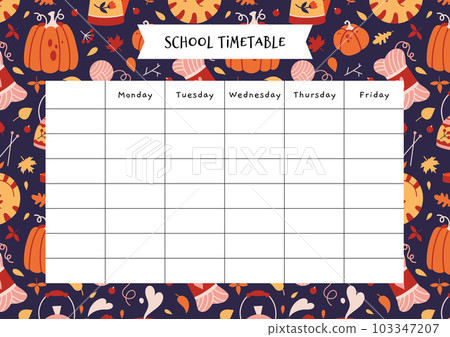 Cute school timetable with fall background, cartoon style. Cozy autumn aesthetic. Lesson schedule for 5 days. Trendy modern vector illustration, hand drawn, flat Cute school timetable with fall background, cartoon style. Cozy autumn aesthetic. Lesson schedule for 5 days. Trendy modern vector illustration, hand drawn, flat 103347207