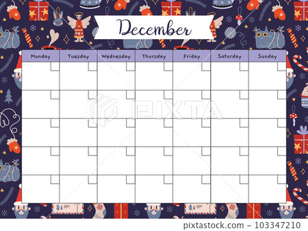 December calendar template with Christmas and New Year attributes, cartoon style. Printable A4 paper sheet, planner for bullet journal. Trendy modern vector illustration, hand drawn, flat December calendar template with Christmas and New Year attributes, cartoon style. Printable A4 paper sheet, planner for bullet journal. Trendy modern vector illustration, hand drawn, flat 103347210