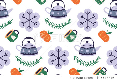 Christmas tea party seamless pattern with cute winter cozy elements on a white background, cartoon style. Trendy modern vector illustration, hand drawn, flat Christmas tea party seamless pattern with cute winter cozy elements on a white background, cartoon style. Trendy modern vector illustration, hand drawn, flat 103347246