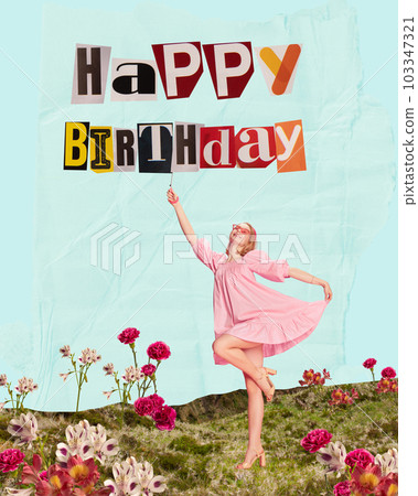 Happy, smiling, young girl in festive pink dress cheerfully celebrating her birthday. Contemporary art collage. 103347321