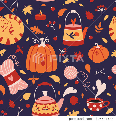 Autumn seamless pattern with cute cozy elements on a dark background, cartoon style. Trendy modern vector illustration hand drawn, flat 103347322