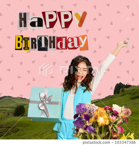 Happy, positive little girl celebrating birthday, receiving presents and greetings. Happy childhood. Contemporary art collage. 103347386