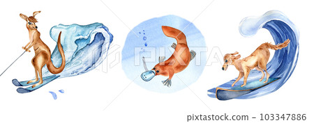 Bundle of cartoon australian animals resting watercolor illustration. Cute kangaroo, dog, platypus on beach vacation hand drawn. Design element for print, wallpaper, childish sticker, fabric, poster 103347886