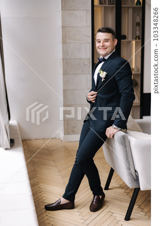 Handsome groom in stylish dark blue suit and bow tie preparing for wedding day. Groom's morning in studio 103348266