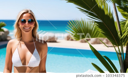 Beautiful young woman in sunglasses and white bra, sea, palm trees in the background. Generative AI Beautiful young woman in sunglasses and white bra, sea, palm trees in the background. Generative AI 103348375
